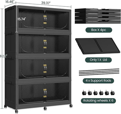 320GAL Plastic Storage Bins with Lid, 1280QT Extra Large Stackable Closet Organizers and Storage, Collapsible Storage Boxes with Wheels, Folding Cabinet for Home Kitchen Office, 4Pack Black