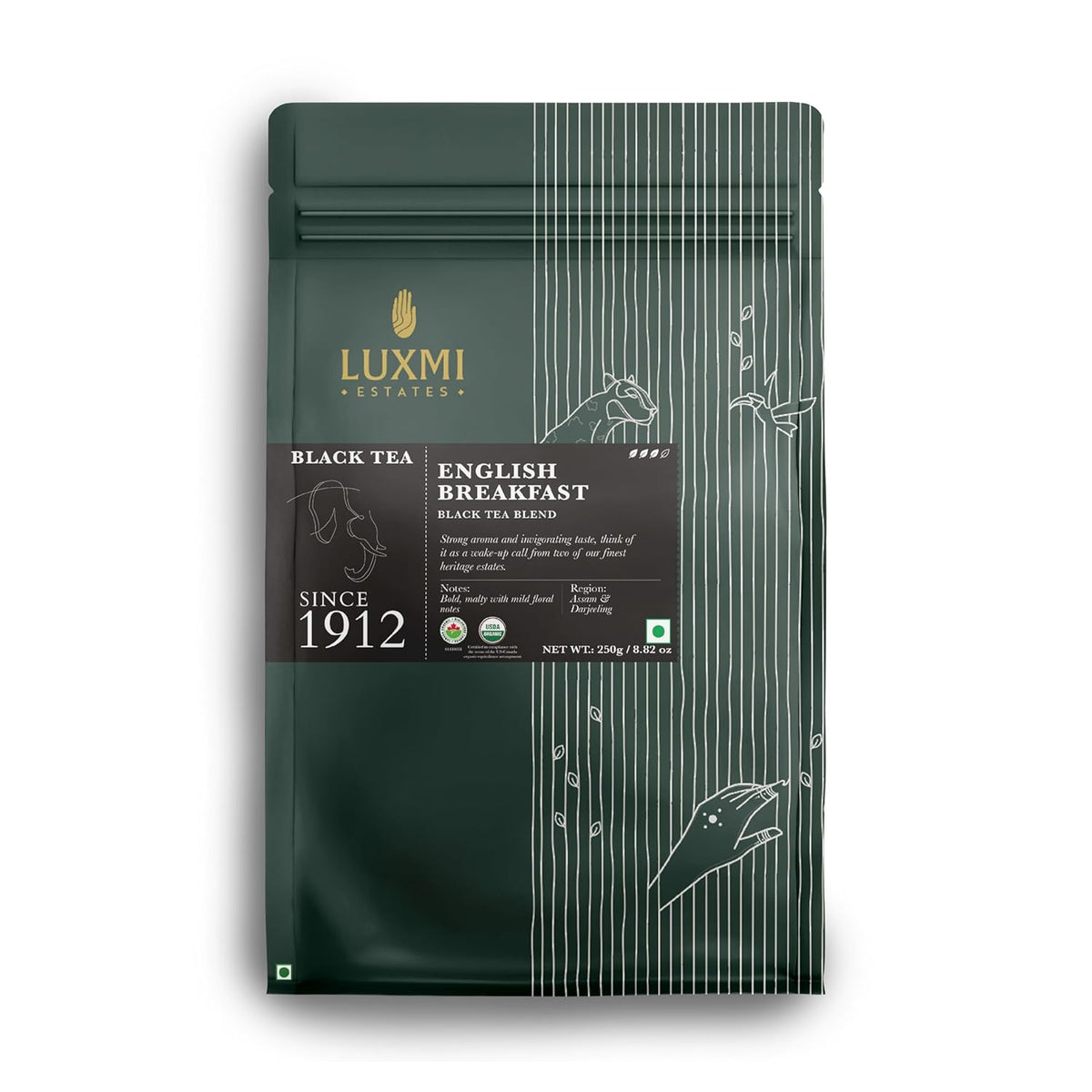 Luxmi Estates English Breakfast Tea 250g Loose Leaf Tin | A Tale of Two Estates | Certified Organic Black Tea leaf | Smooth, Flavorful, Robust, Caffeinated | Darjeeling & Assam Tea from India | 125 Cups