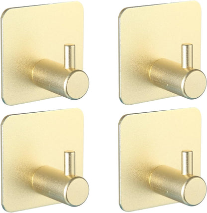 Aluminum Wall Hooks, No Drill Damage-Free Adhesive Hook, Product for Hanging Heavy Duty for Bathroom Kitchen Home (Single Square Gold Hook, 4)