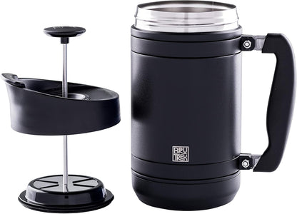 BaseCamp Coffee Press - Double Wall Insulated Stainless Steel - Bru-Stop Technology, No Grounds in Coffee, No Spill Lid (Obsidian, 32 fl.oz)