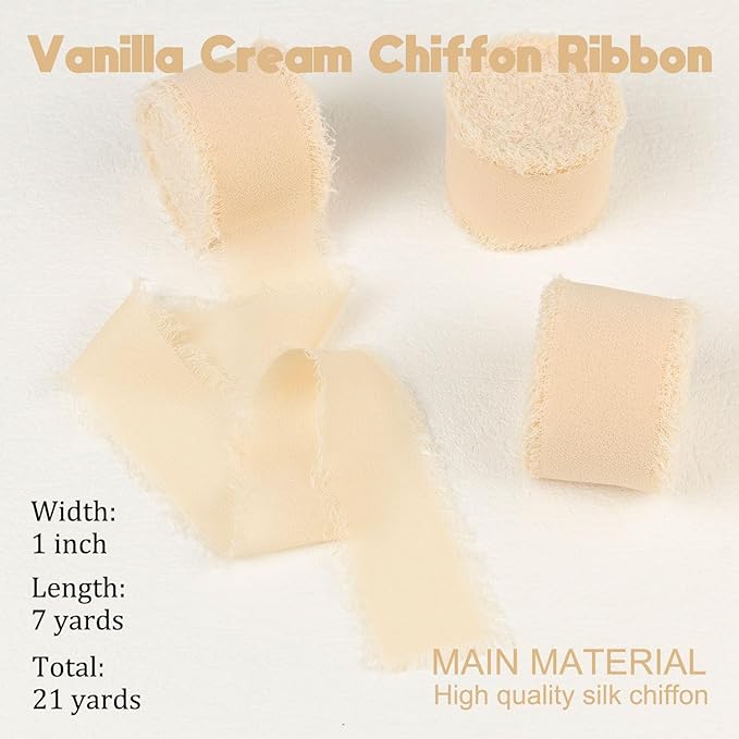 Vanilla Cream Chiffon Ribbon - 1 Inch x 21 Yards, Handmade Fringe, Silk, Boho Frayed, Gift Wrapping, Wedding Invitation, Bridal Flower Bouquets
