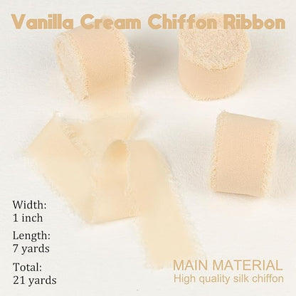 Vanilla Cream Chiffon Ribbon - 1 Inch x 21 Yards, Handmade Fringe, Silk, Boho Frayed, Gift Wrapping, Wedding Invitation, Bridal Flower Bouquets