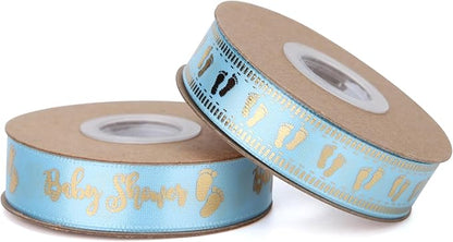 Meseey 20 Yards Baby Ribbon Foot Print Blue and Gold Ribbons for Crafts Cake Baby Shower Birthday,Gift Wrapping, Party Decoration (2 roll Blue)