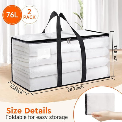BlissTotes Clear Moving Bags Heavy Duty, 76L Extra Large Storage Bags with Zipper & Reinforced Handles, Waterproof PP Moving Totes for Clothes, Bedding, Comforters, Space Saving Storage (2 Pack)