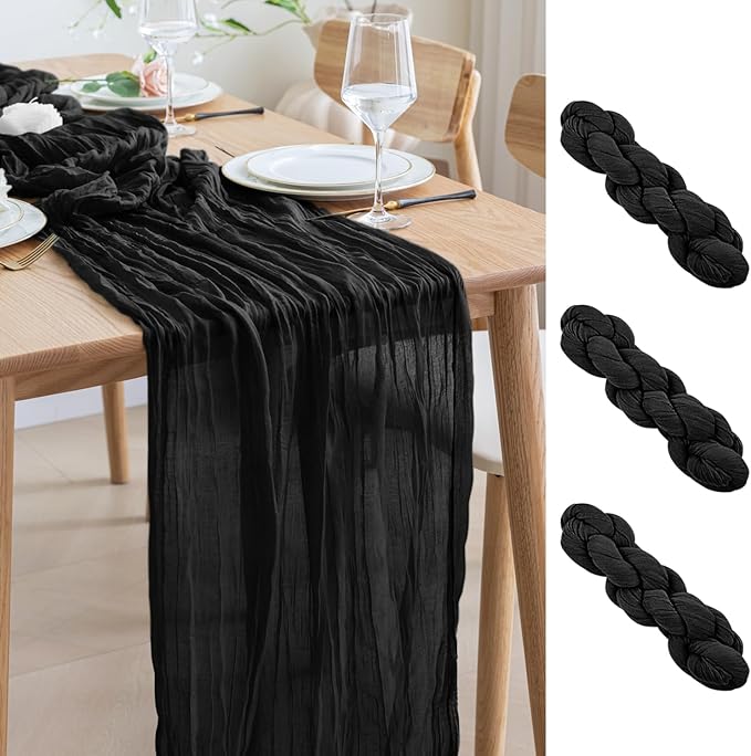 Asee'm 3pcs Cheesecloth Table Runner 120 Inches Long Black Boho Gauze Cheese Cloth Runner 10FT Rustic Sheer Table Runners for Valentine's Day Wedding Party Baby Shower Spring Easter Decoration