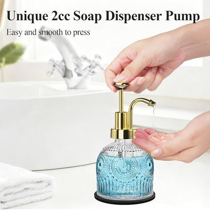 SheeChung Vintage Soap Dispenser, Kitchen Dish Soap Dispensers with Pump Mat, Glass Hand Soap Dispenser for Bathroom, Liquid, Lotion, Refillable, Rustic Farmhouse Decor-Clear (Gold Pump, 1 pk)