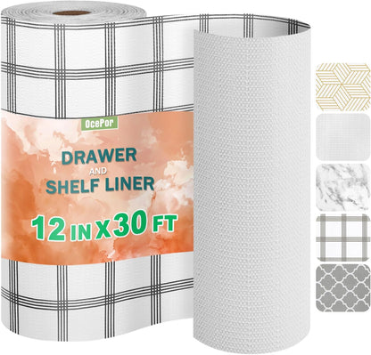 OcePor Non-Adhesive Drawer and Shelf Liner 12IN x 30FT，Non Slip Cabinet and Cupboard Liner, Kitchen Cabinet Liners for Shelves, Waterproof Drawer Shelf Liners for Cabinets/Bathroom Cupboard, Stripe