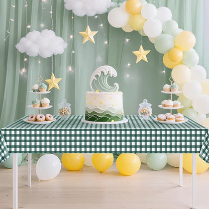 4 Pack Sage Green Striped Gingham Tablecloths, 54 x 108 Inch Disposable Plastic Rectangle Table Covers, Waterproof Checkered Sage Green Table Cloths for Picnic, Birthday, Party, Outdoor Events