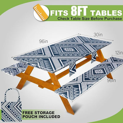 Fitted Picnic Table Cover with Bench Covers Waterproof Elastic Edges Rectangle Patio Tablecloth Outdoor Camping Essentials Stuff Rv Accessories Summer Trip Travel Camper Gifts for Woman Men, 96in 8 ft