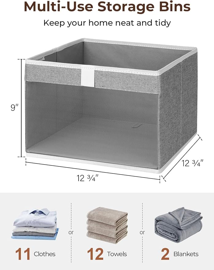 StorageWorks Closet Storage Bins, Large Storage Baskets with Clear Window and Handles, Foldable Fabric Organizer for Clothes, Shelves, Gray, 3 Pack