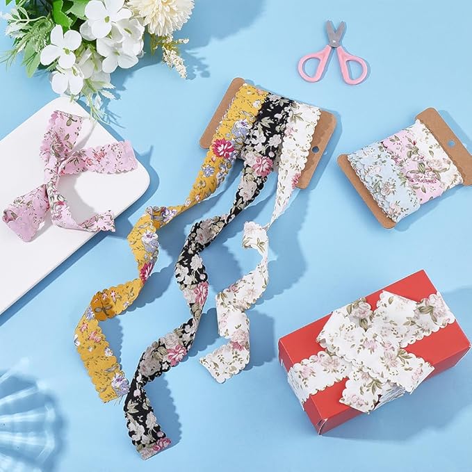 6 Colors 12 Yards 1 Inch Flower Print Ribbon Spring Summer Floral Fabric Wavy Edge Vintage Rose Printed Polyester Bouquet Flowers Ribbons for Gift Wrapping Bow Wreath Sewing Diy Craft Supply