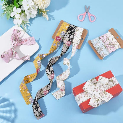 6 Colors 12 Yards 1 Inch Flower Print Ribbon Spring Summer Floral Fabric Wavy Edge Vintage Rose Printed Polyester Bouquet Flowers Ribbons for Gift Wrapping Bow Wreath Sewing Diy Craft Supply