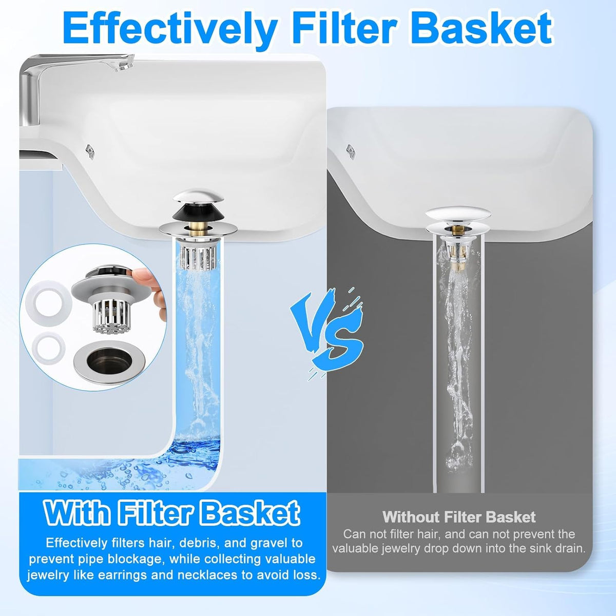 Universal 4 in 1 Bathroom Sink Drain Strainer with Removable Filter Basket, Pop Up Pure Copper Bathroom Sink Stopper, Anti-Clogging Bathroom Drain Stopper Sink Plug