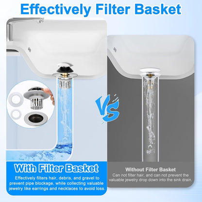 Universal 4 in 1 Bathroom Sink Drain Strainer with Removable Filter Basket, Pop Up Pure Copper Bathroom Sink Stopper, Anti-Clogging Bathroom Drain Stopper Sink Plug