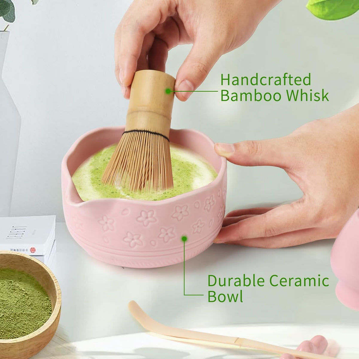 Matcha Whisk Set, Japanese Ceramic Matcha Bowl with Spout, Bamboo Whisk, Sifter, Scoop, Holder, Tea Cloth, 7-Piece Ceremonial Matcha Kit