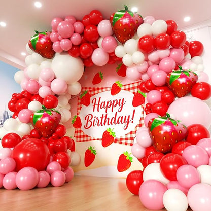 Strawberry Balloons Garland Arch Kit 163pcs with 27" Strawberry Foil Balloons, Red and Pink white Balloons for Sweet Girl Berry First Birthday Themed Baby Shower Strawberry Party Decorations