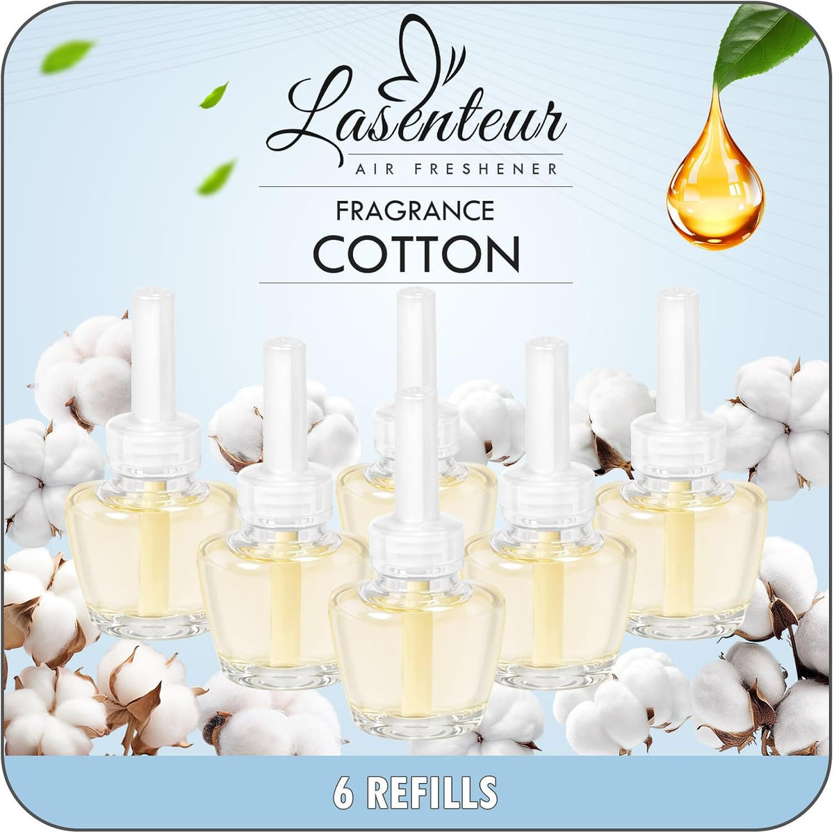 LASENTEUR Plug in Scented Oil Refill, 6 ct, Cotton Scent Long-Lasting Natural Fragrance for Home, Bathroom Bedroom Office, Compatible with Airwick, Compatible with Glade