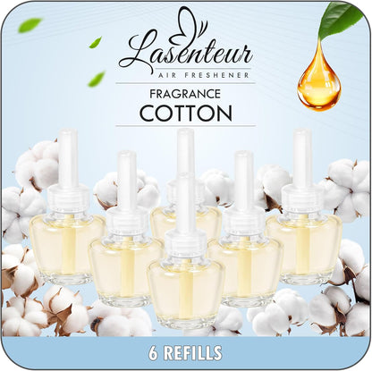 LASENTEUR Plug in Scented Oil Refill, 6 ct, Cotton Scent Long-Lasting Natural Fragrance for Home, Bathroom Bedroom Office, Compatible with Airwick, Compatible with Glade