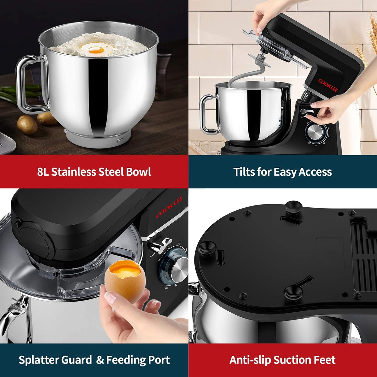 Cooklee 6-IN-1 Stand Mixer, 8.5 Qt. Multifunctional Electric Kitchen Mixer with 9 Accessories for Most Home Cooks, SM-1507BM (Black)