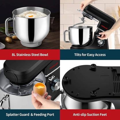 Cooklee 6-IN-1 Stand Mixer, 8.5 Qt. Multifunctional Electric Kitchen Mixer with 9 Accessories for Most Home Cooks, SM-1507BM (Black)