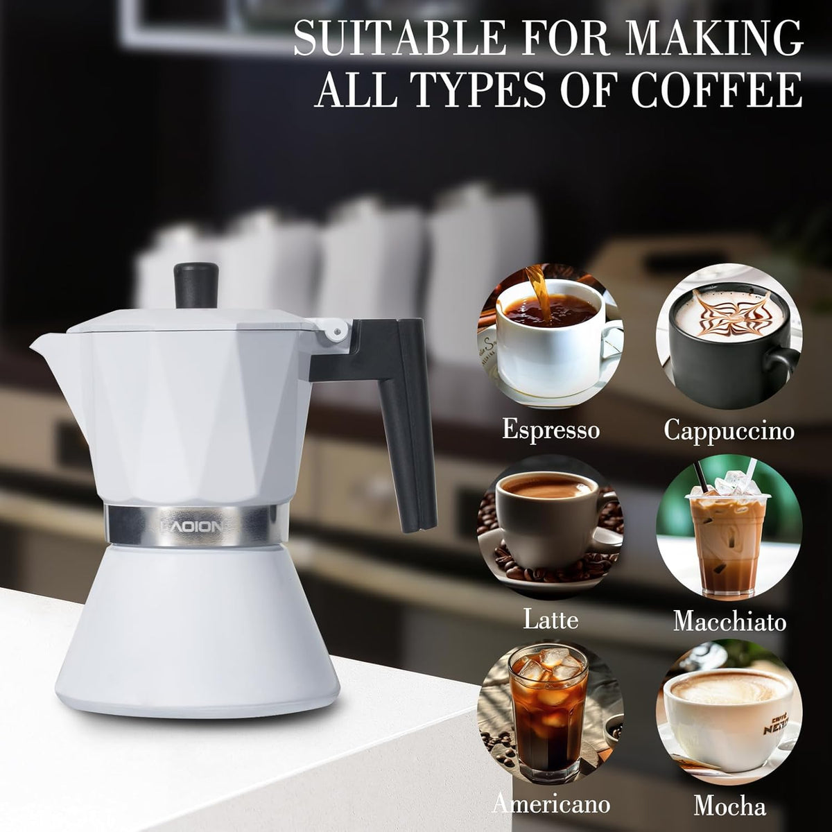 Moka Pot, 6-Cup Espresso Maker, 300ml Portable Stovetop Espresso Maker, Percolator Coffee Pot Compatible with Induction Cooktops, Suitable for Home and Camping (White)