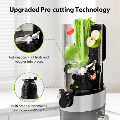 Aeitto Cold Press Juicer, Juicer Machines with 4.9" Large Feed Chute, Fits Whole Vegetables and Fruits, Professional Juice Maker, Easy to Clean, High Juice Yield, Easy to Assemble,Grey