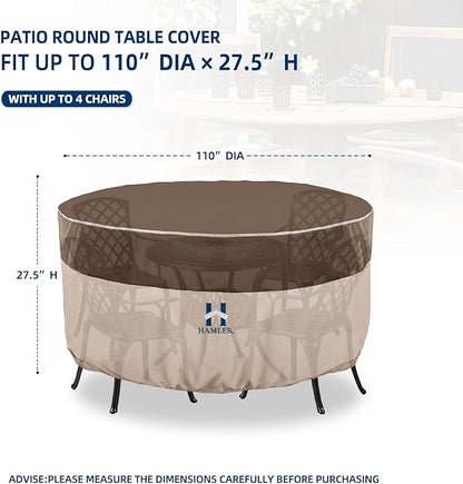 HAMLER Round Outdoor Table Cover, Heavy Duty Outdoor Table Chair Set Covers with Air Vents and Handles, Patio Table Cover Fits up to 110" D x 27.5" H, Brown & Beige