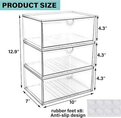 Prsildan Acrylic Makeup Organizer, 3 Pack Stackable Clear Storage Drawers for Baby Bottles Desk Organizers with 3 Drawers for Countertop Vanity Nursery Modular System for Cosmetics Jewelry