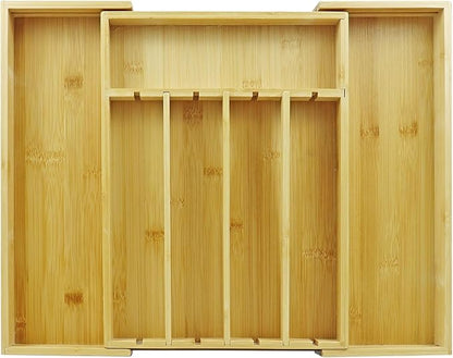 Bamboo Adjustable Drawer Organizer - Expandable Utensil Organizer for Flatware, Adjustable Cutlery & Knives. Ideal Utensil 7 Slots large Drawer Organizer for Kitchen, Natural