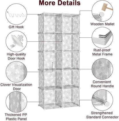 C&AHOME Cube Storage Organizer with Doors, 10-Cube Shelves, DIY Plastic Modular Bookshelf, Closet Clothes Storage Shelving Ideal for Bedroom, Living Room, Clover Embossed, White