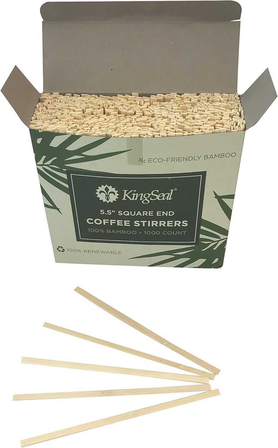1000 Count, KingSeal Bamboo Coffee Stir Sticks, 5.5 inches, Square End, Stronger and Thicker Than Standard Wood, 100% Renewable and Biodegradable