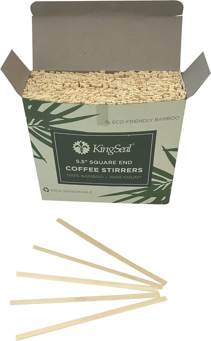 1000 Count, KingSeal Bamboo Coffee Stir Sticks, 5.5 inches, Square End, Stronger and Thicker Than Standard Wood, 100% Renewable and Biodegradable