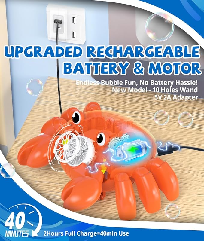 Bubble Machine - 360° Crawling Crab, Auto Obstacle Avoidance, USB-C Rechargeable, LED & Music - Tummy Time Toys for Infant, Toddlers, Kids, Boys, Girls - Gifts for Easter, Outdoor, Birthday, Parties