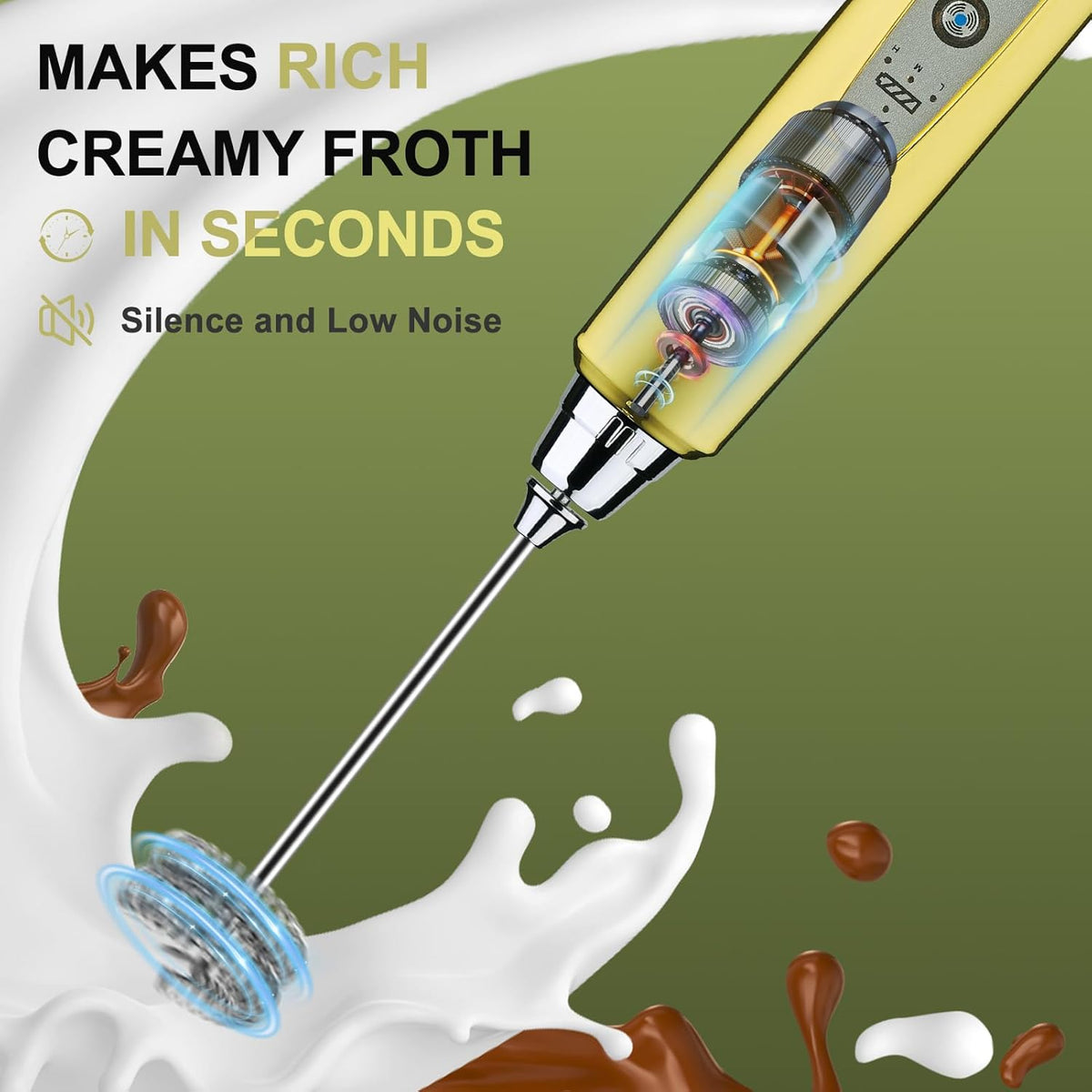 Yuswko Champagne Gold Handheld Milk Frother Wand for Coffee, Rechargeable Electric Whisk with 3 Heads 3 Speeds Drink Mixer Coffee Frother For Latte