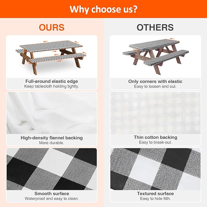 8ft Picnic Table and Bench Cover, Camping Essentials RV Gear, 96 in Waterproof Windproof Outdoor Elastic All Around Tablecloth, Fitted Rectangle Tables and Seats, Black-White Checkered