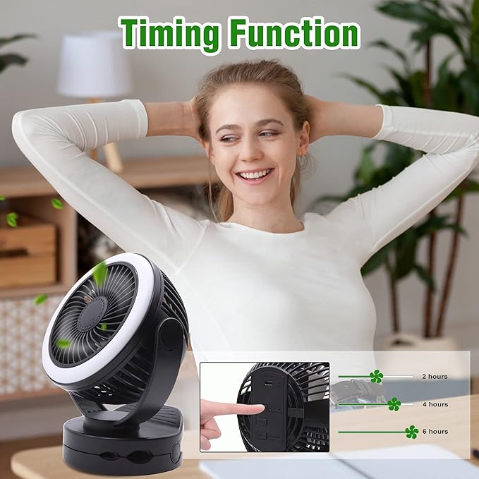 Rechargeable RV Cooling Fan Light, 4-Speed Portable Desk Fan, Dia: 5.5inch, Rotatable Clip-On & Wall-Mount Fan for Home Office RV Travel, 5000mAh Battery