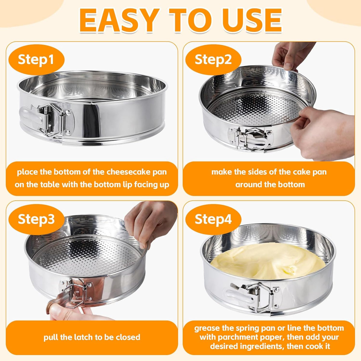 Aufind 10 Inch Springform Pan for Baking, 304 Stainless Steel Cheesecake Pan with Removable Bottom