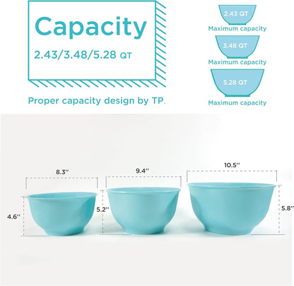 TP Large Mixing Bowl Set with Lids, Melamine Nesting Bowls Set for Pasta Baking Salad Mixing, Set of 3, Glossy Turquoise