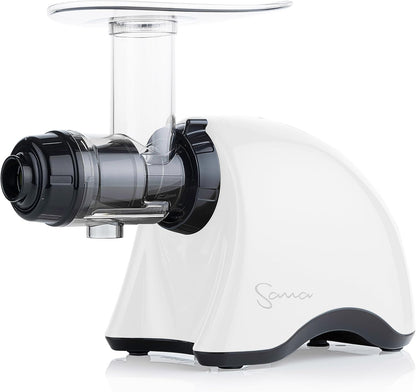 Cold Press SANA 707 Classic Horizontal Single Auger Slow/Low Speed Juicer | Easy Clean, Powerful Motor, Auto Feed, Compact, Celery Attachment, Frozen Desserts, Pasta Extrusion, 15 Year Warranty, White