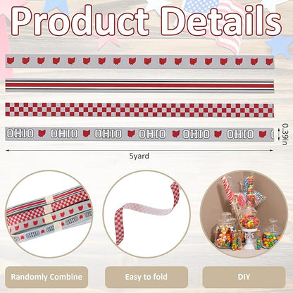 4 PCS Ohio State Ribbons for Crafting, 3/8" Width Red White Grosgrain Ribbons Buffalo Plaid Ribbon The Love of Ohio Craft Ribbons for Gift Wrapping DIY Sports Birthday Decorations-20 Yards