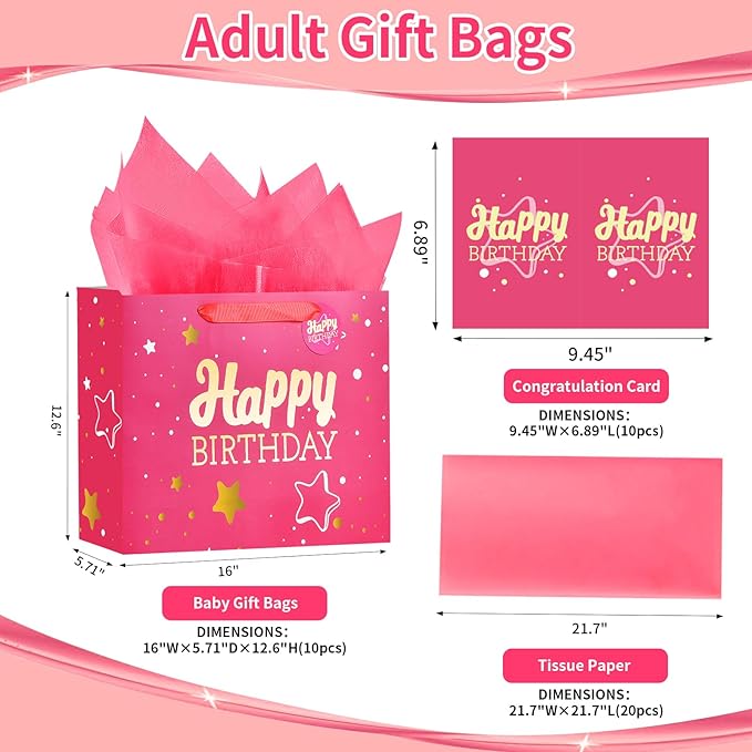 Powbrace 13" Pink Happy Birthday Gift Bag with Tissue Paper and Greeting Card for Party,Happy Birthday Gift Bag for Men Women,Gift Bags Medium size(10 PCS Pink Hot Stamping)