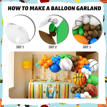 Sports Balloon Arch Garland Kit, 115Pcs Sports Party Baseball Soccer Basketball Football Helium Balloons Blue Green Orange Sport Latex Balloon for Boys Sport Themed Birthday Party Decorations Supplies