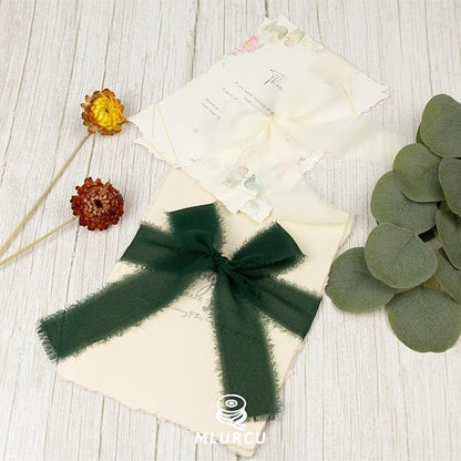 Green Chiffon Ribbon 1.5 Inch x 21Yds Handmade Fringe Chiffon Silk Ribbon Green & Cream Frayed Chiffon Ribbon for Wedding Invitation Flower Bouquets Gift Wrapping Bridal Shower Baby Shower