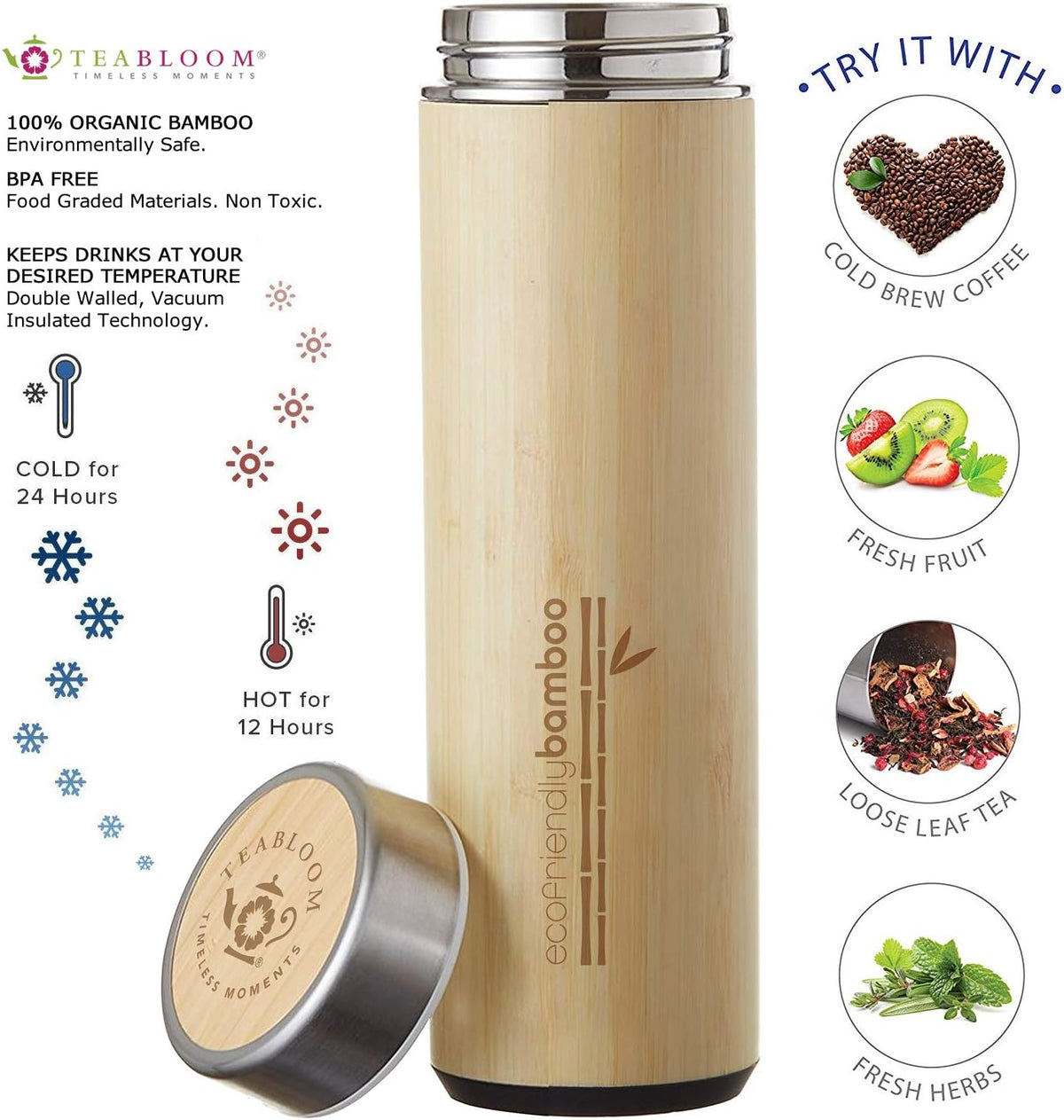 Teabloom All-Beverage Travel Tumbler – Large Capacity 17 oz / 500 ml – Insulated Thermos Mug – Eco-Friendly Bamboo – Hot and Cold Tea Infuser