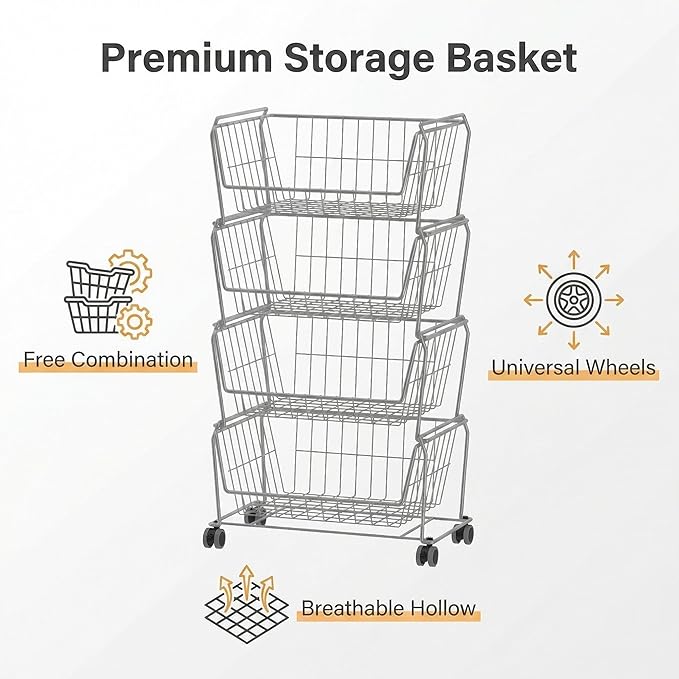 PUSDON 4-Tier Large Stackable Wire Storage Baskets with Wheels, Metal Rolling Utility Cart Organizer, Fruit and Vegetable Produce Basket for Kitchen Pantry, Bathroom Floor Shelf, Silver Grey