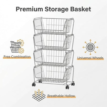PUSDON 4-Tier Large Stackable Wire Storage Baskets with Wheels, Metal Rolling Utility Cart Organizer, Fruit and Vegetable Produce Basket for Kitchen Pantry, Bathroom Floor Shelf, Silver Grey