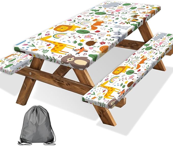 Picnic Table Cover with Bench Covers, Camping Essentials, Jungle Animal Cute Waterproof Windproof Camping Tablecloth, Fitted Tablecloth Cover with Elastic Edge for Indoor Outdoor 3 PCS 30x60 Inch