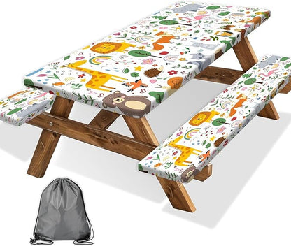 Picnic Table Cover with Bench Covers, Camping Essentials, Jungle Animal Cute Waterproof Windproof Camping Tablecloth, Fitted Tablecloth Cover with Elastic Edge for Indoor Outdoor 3 PCS 30x60 Inch