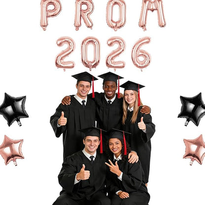 Prom 2026 Balloons Decorations, 16 Inch Foil Letter Number Balloons with 18 Inch Black Rose Gold Star Balloons for High School College Graduation Gift Retirement Ins Photo Party Supplies