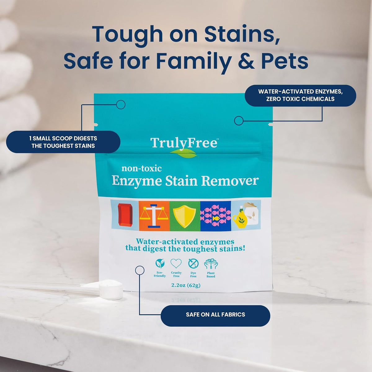 Truly Free Enzyme Laundry Stain Remover - Natural Laundry Detergent Booster for Blood, Grass, Pet Urine & Odor - Biological Washing Powder for Clothes, Couch Fabric (50 Scoops)